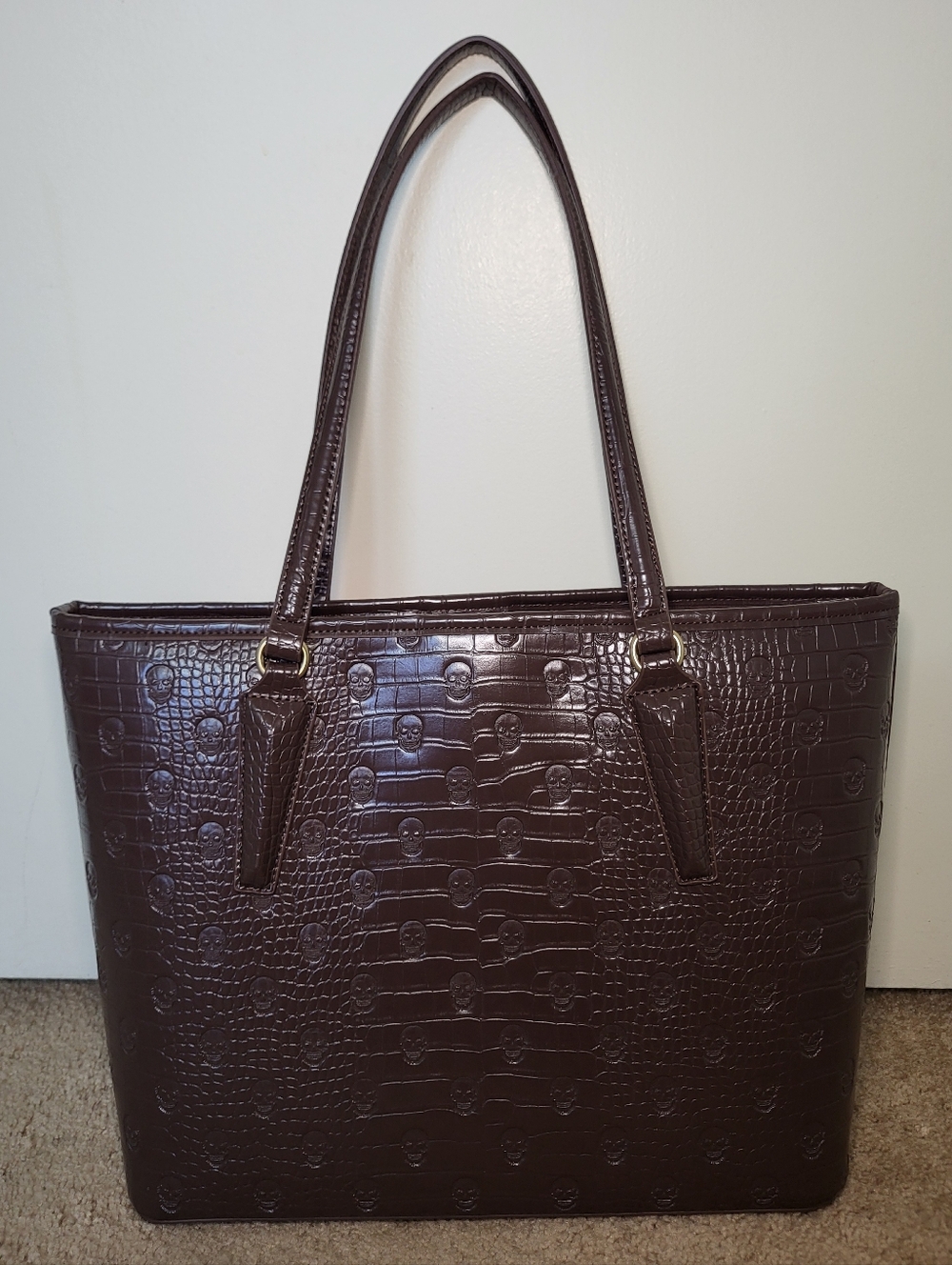 Betsey Johnson Brown Croc-Embossed Skull Tote - Picture 2 of 4